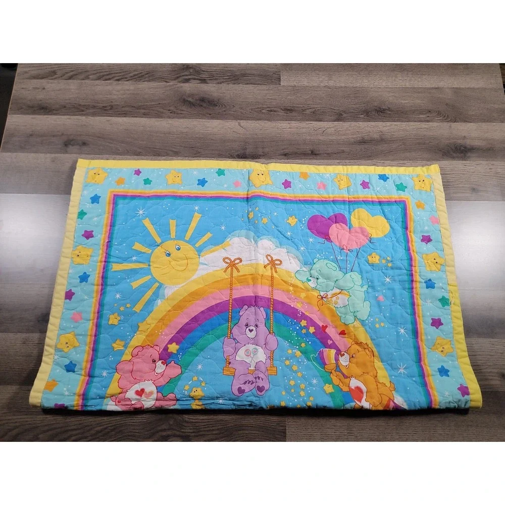 Vintage Care Bears Baby Blanket Crib Quilt Rainbow Trail Yellow Trim 41x33 Throw
